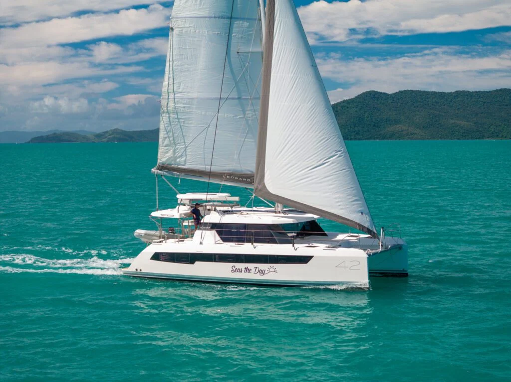Seas The Day Leopard 42.3 sailing catamaran under sail in the Whitsundays
